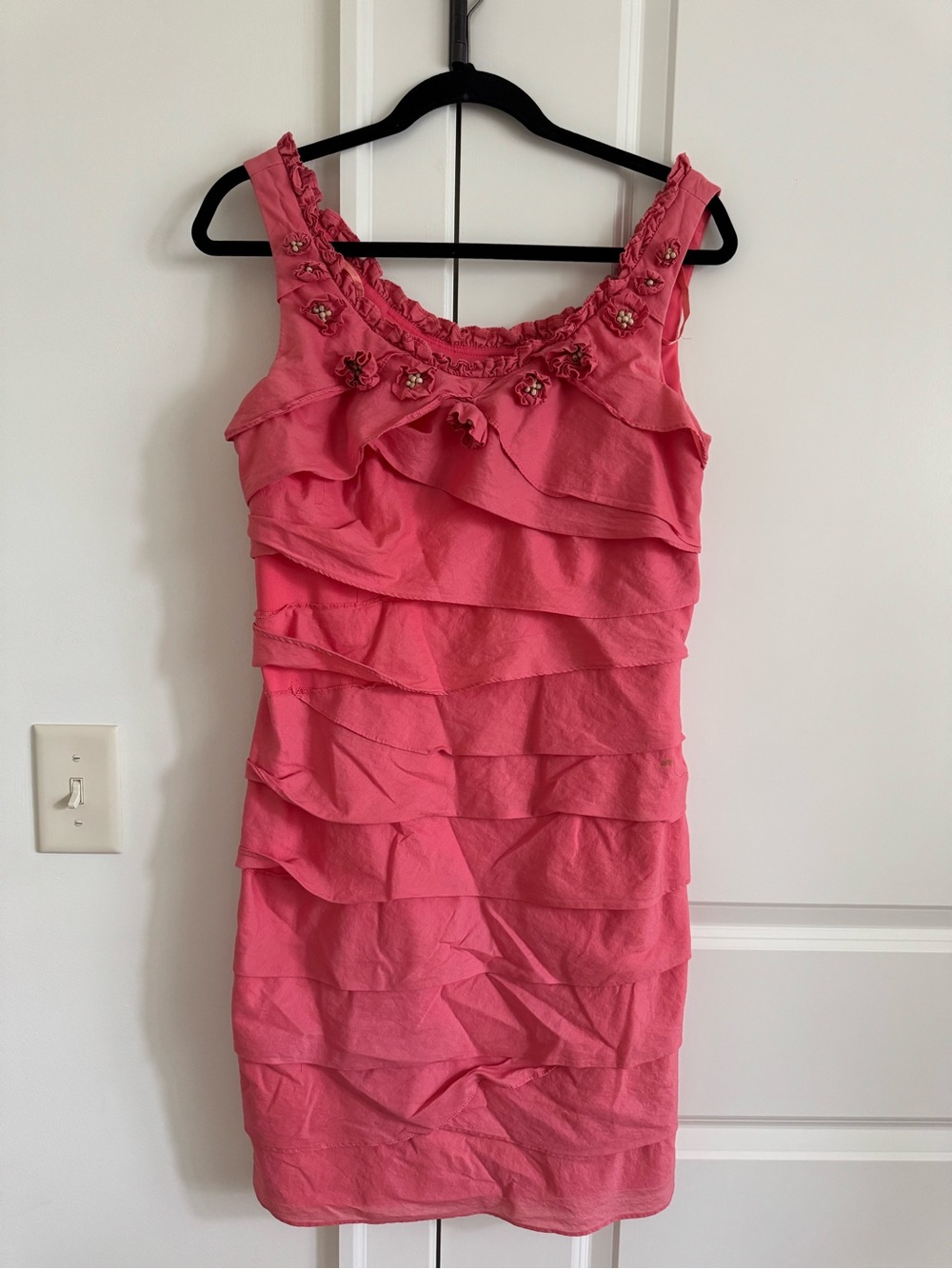 Cottage Core Pink Ruffled Mini Dress with Embellished Neckline